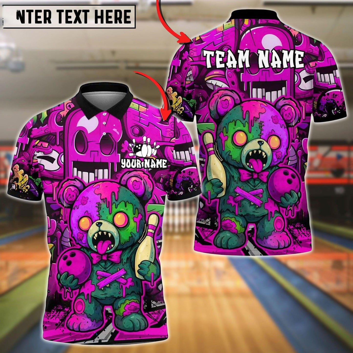 Bowling And Pins Halloween Bear Customized Name, Team Name 3D Shirt