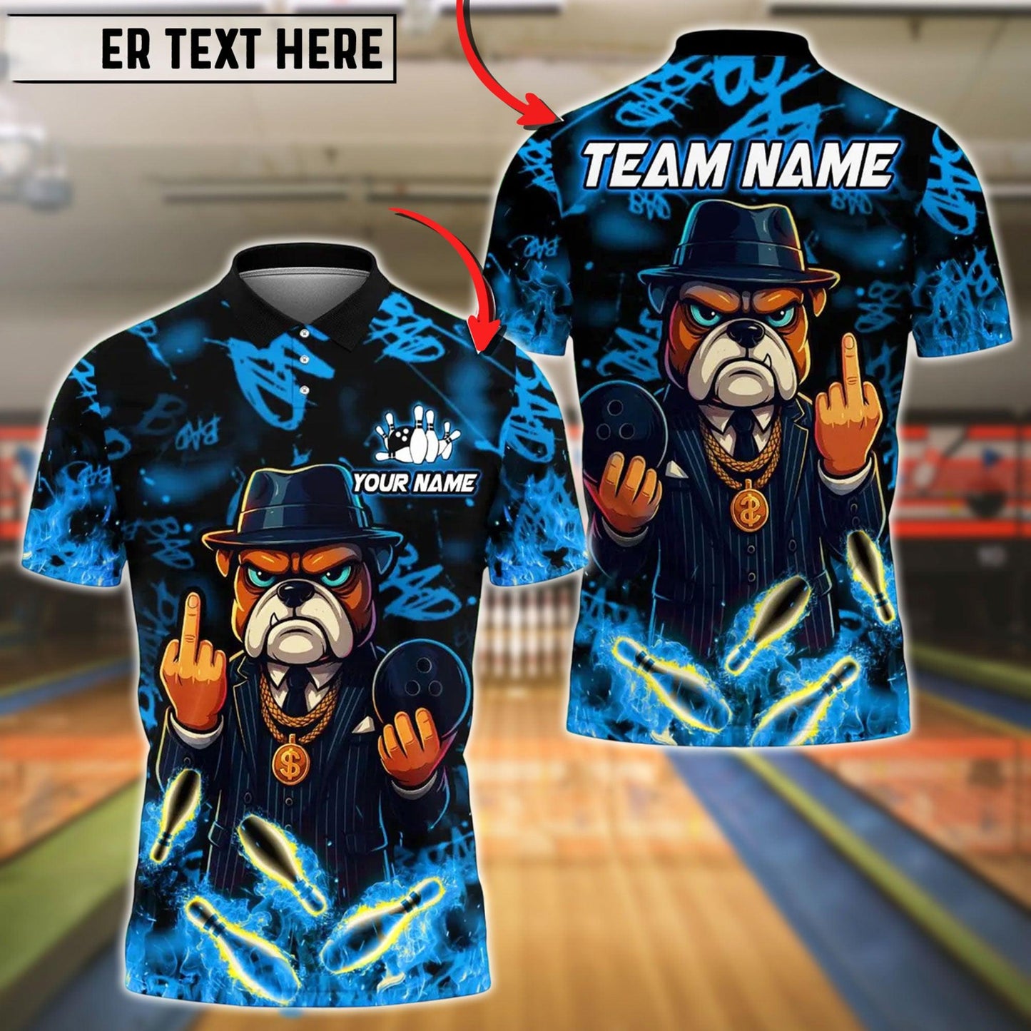 Custom Bowling Polo Shirt, Cartoon Gangster Dog With Bowling Design, Personalized Bowling Polo for Men Women,Personalized Name Team 3D Shirt