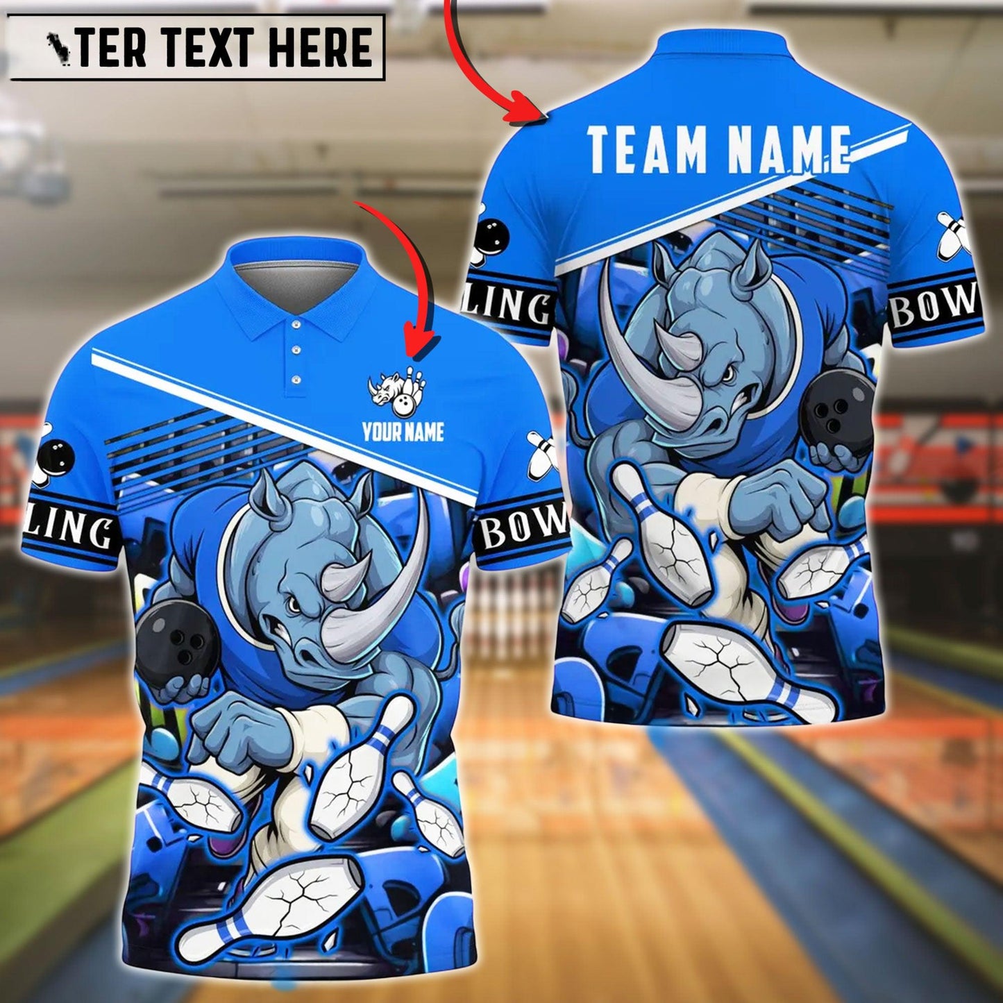 Bowling And Pins Rhino Crush Strike Customized Name, Team Name 3D Shirt