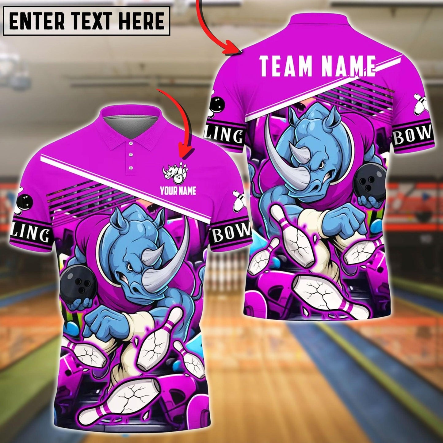 Bowling And Pins Rhino Crush Strike Customized Name, Team Name 3D Shirt