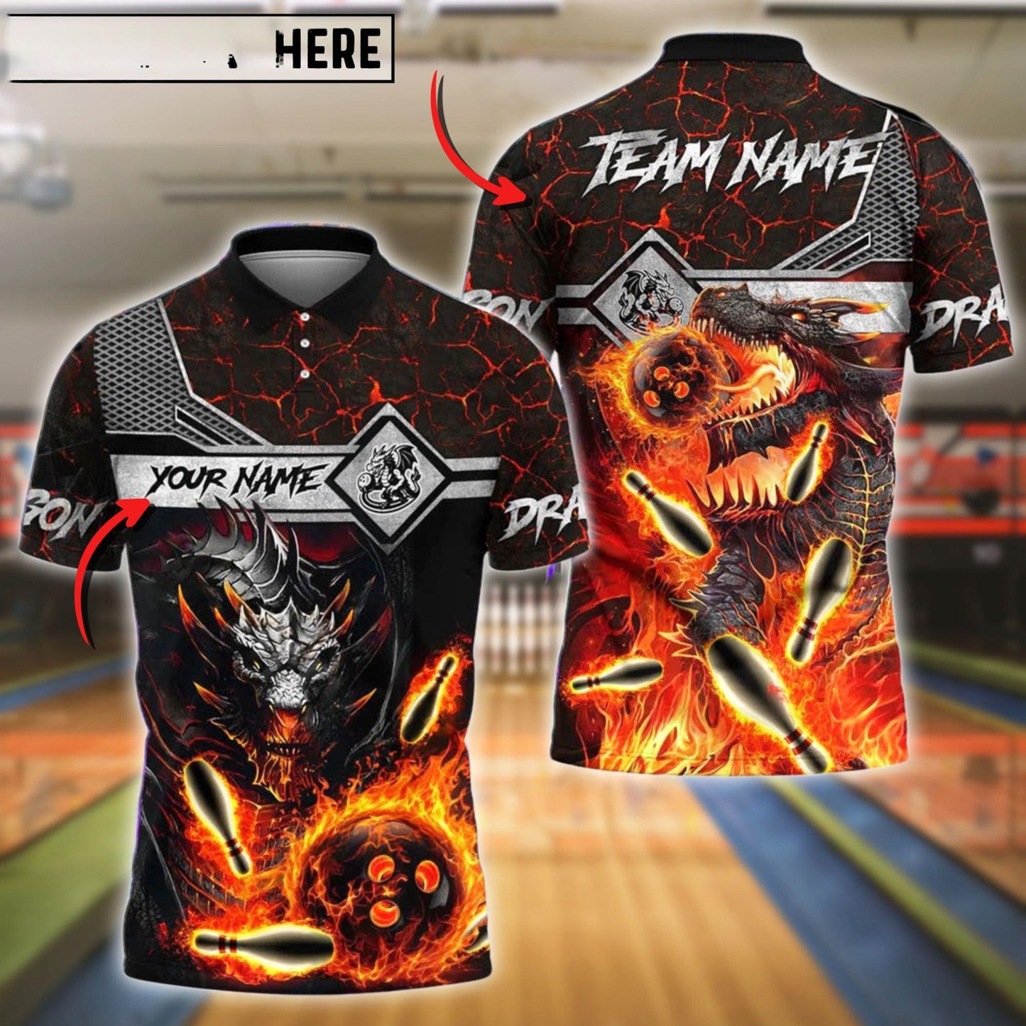 Bowling Ball & Pins Fire Dragon Customized Name, Team Name 3D Shirt (4 Colors)