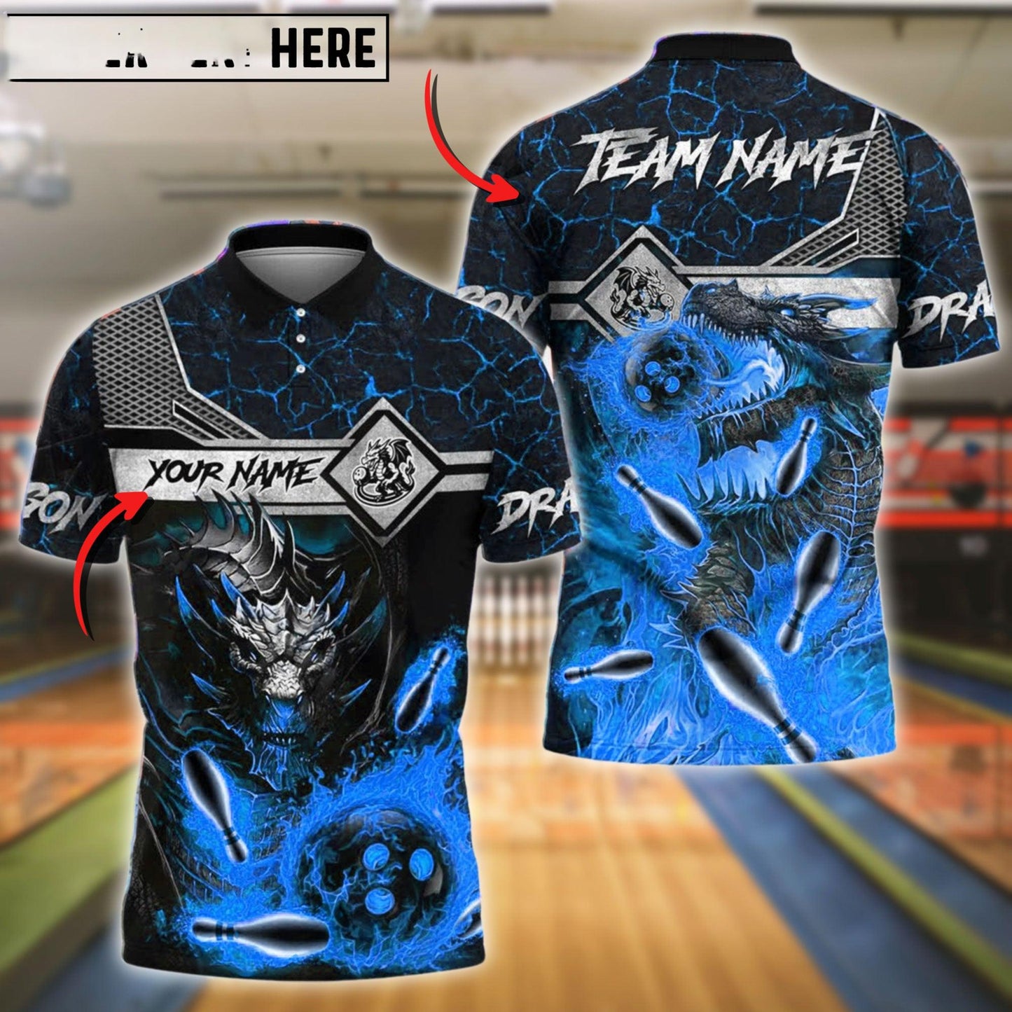 Bowling Ball & Pins Fire Dragon Customized Name, Team Name 3D Shirt (4 Colors)