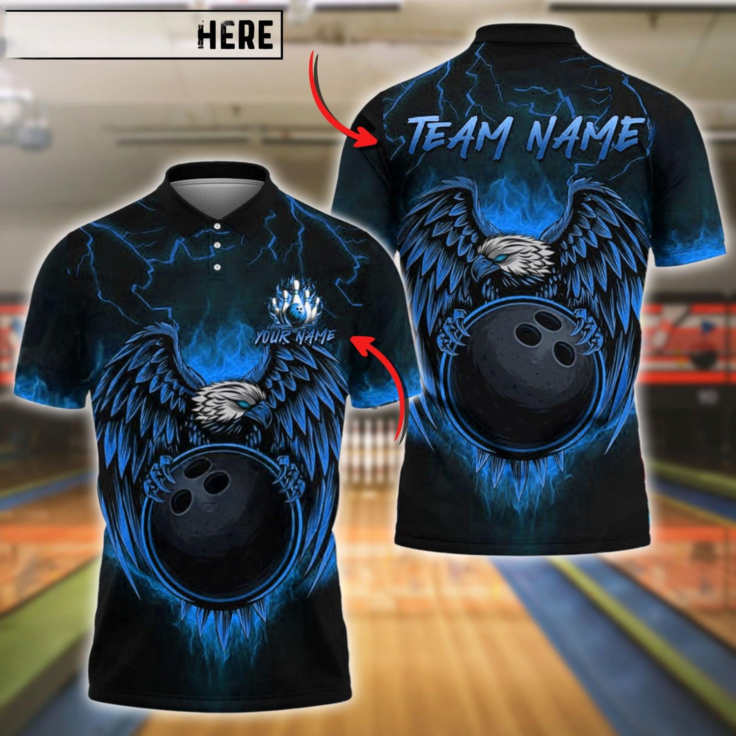 Bowling Ball & Pins Fire Eagle Fury Customized Name, Team Name 3D Shirt (4 Colors)