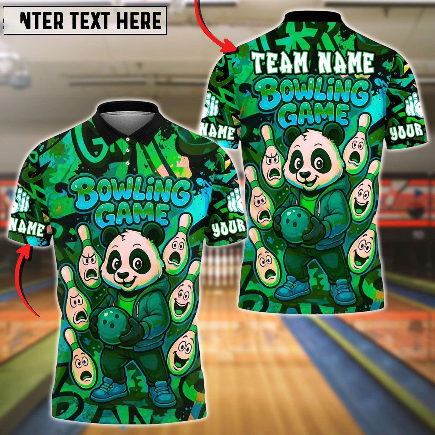 Bowling And Pins Panda Cartoon Customized Name, Team Name 3D Shirt