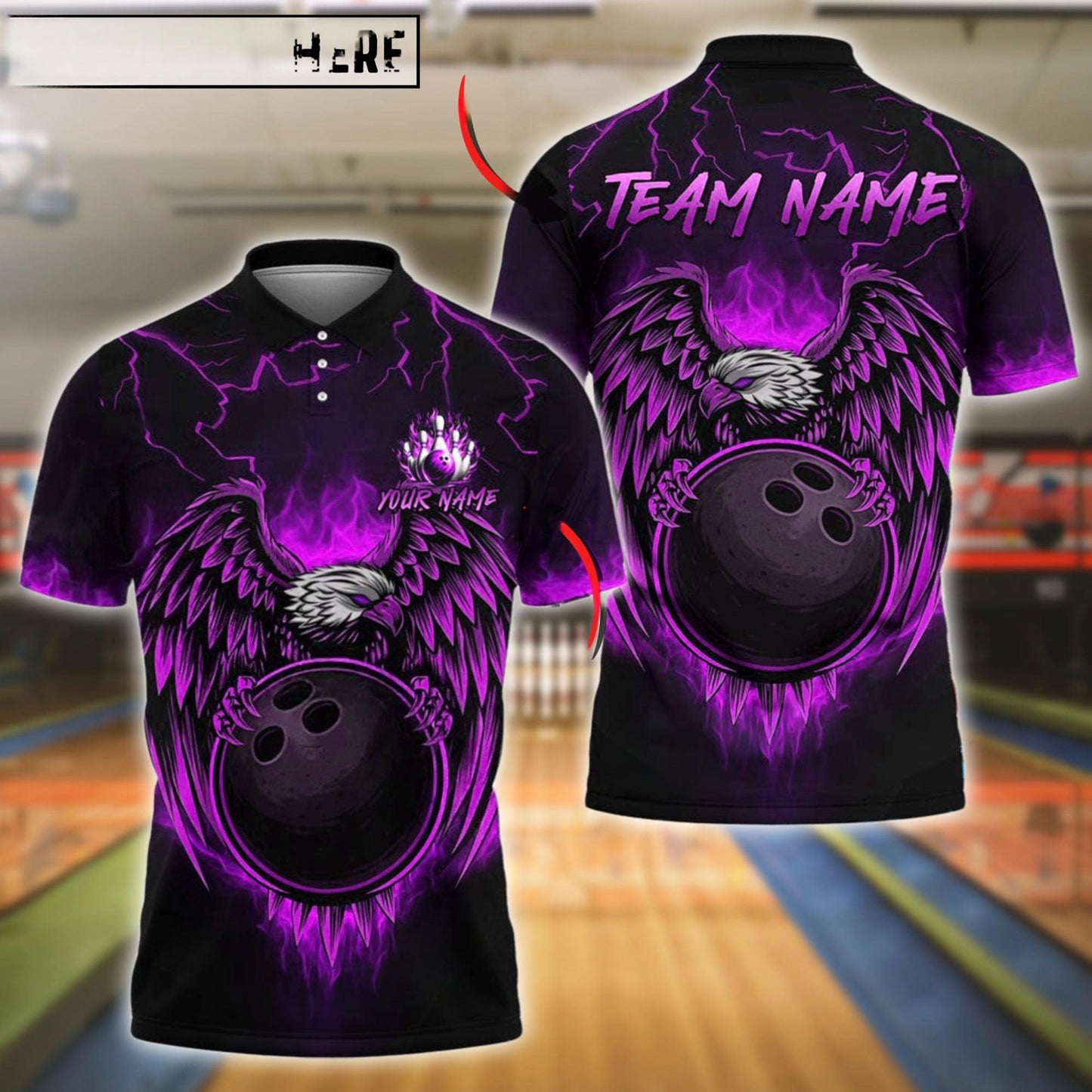 Bowling Ball & Pins Fire Eagle Fury Customized Name, Team Name 3D Shirt (4 Colors)
