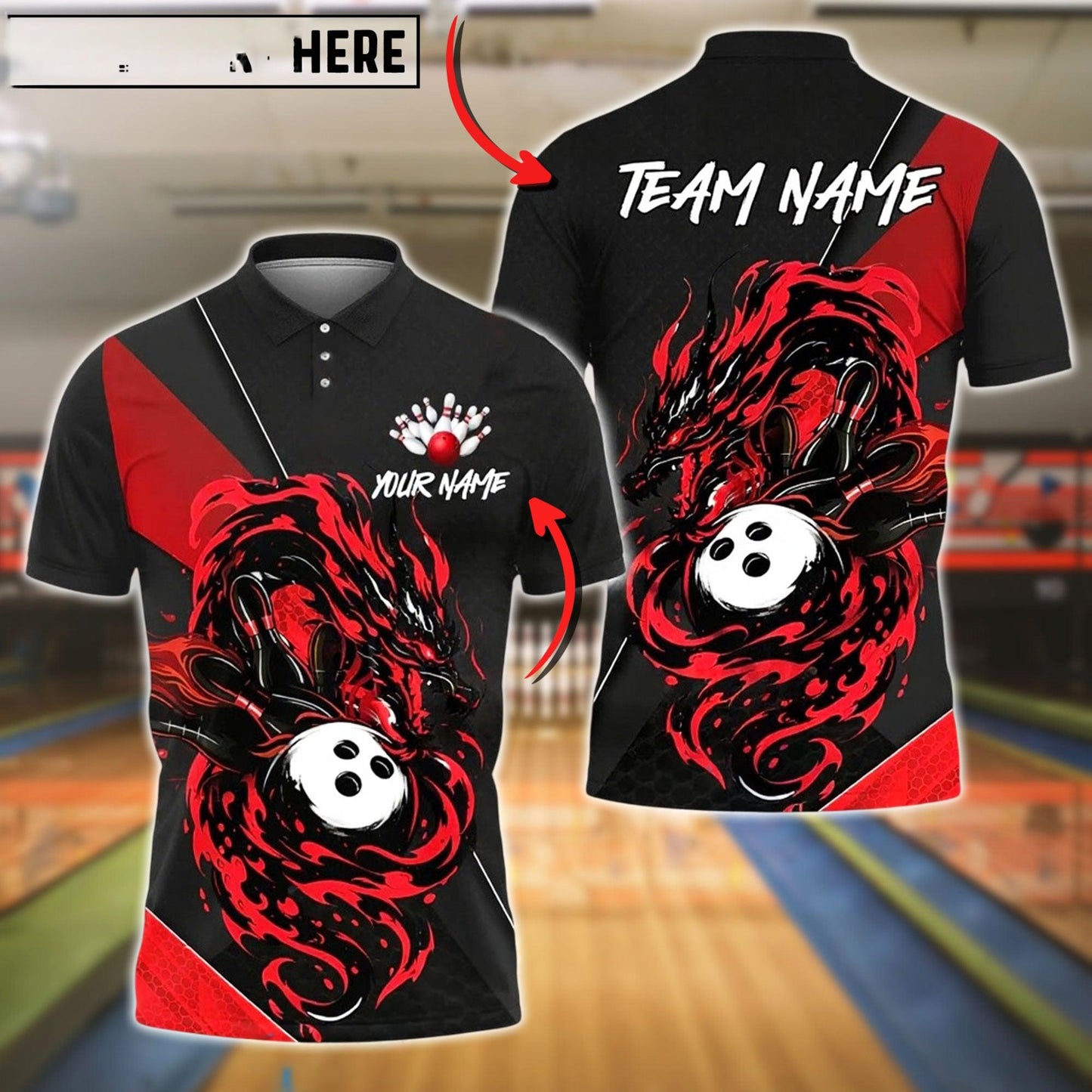 Bowling And Pins Flame Dragon Strike Customized Name, Team Name 3D Shirt