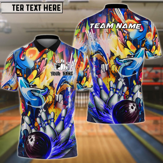 Bowling Ball & Pins Strike Explosion Graffiti Style Customized Name, Team Name 3D Shirt (4 Colors)