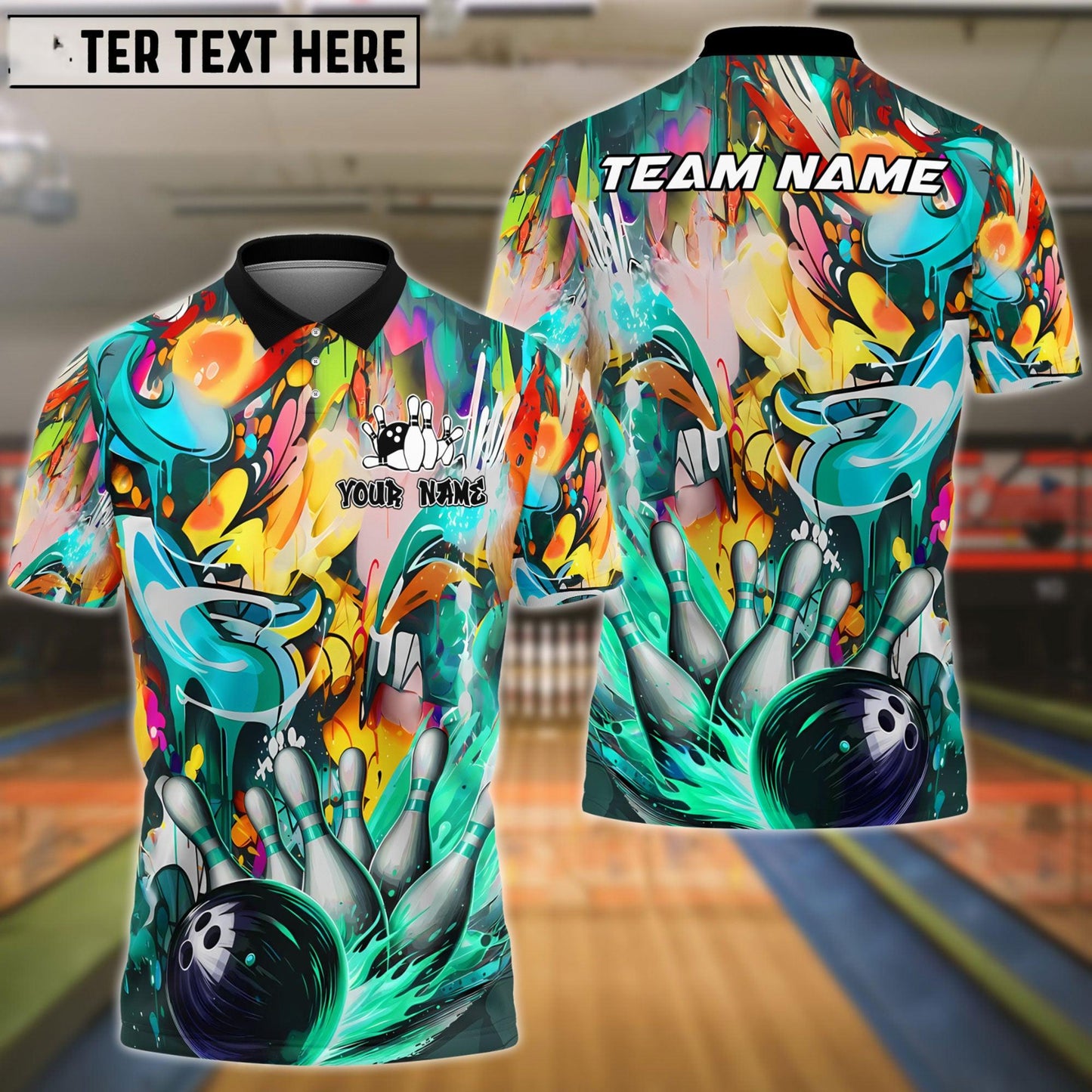 Bowling Ball & Pins Strike Explosion Graffiti Style Customized Name, Team Name 3D Shirt (4 Colors)