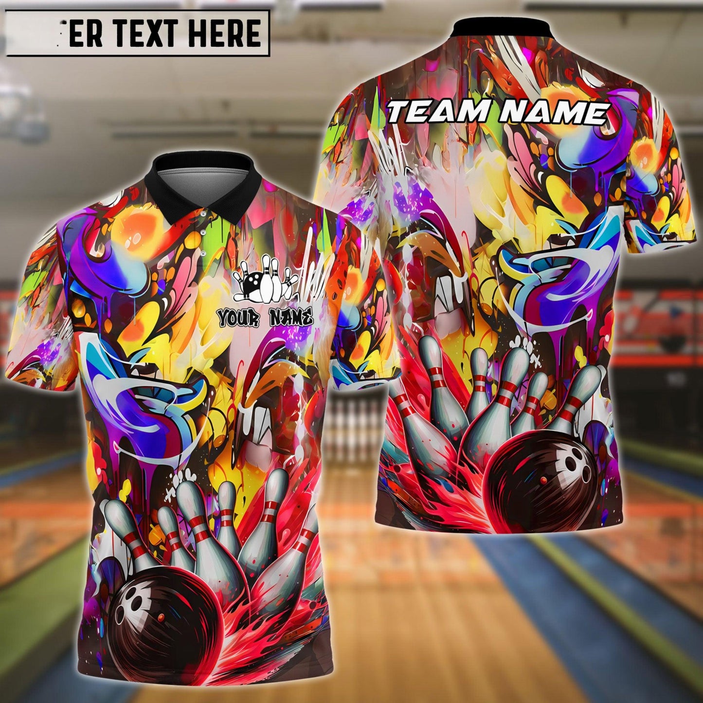 Bowling Ball & Pins Strike Explosion Graffiti Style Customized Name, Team Name 3D Shirt (4 Colors)