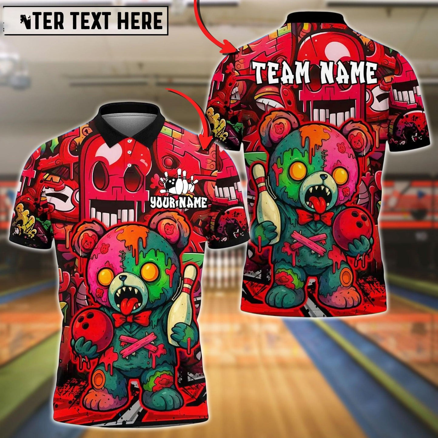 Bowling And Pins Halloween Bear Customized Name, Team Name 3D Shirt