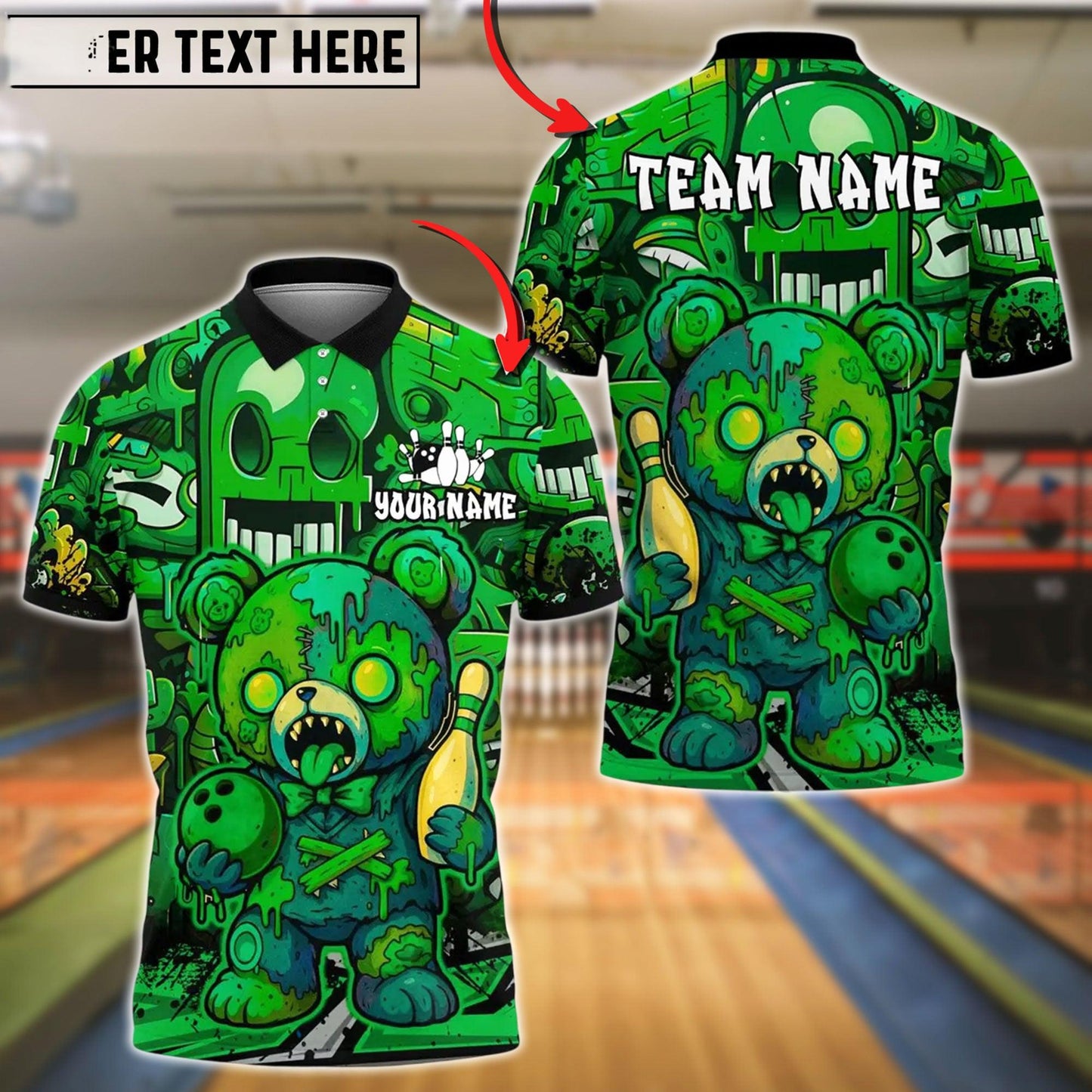 Bowling And Pins Halloween Bear Customized Name, Team Name 3D Shirt