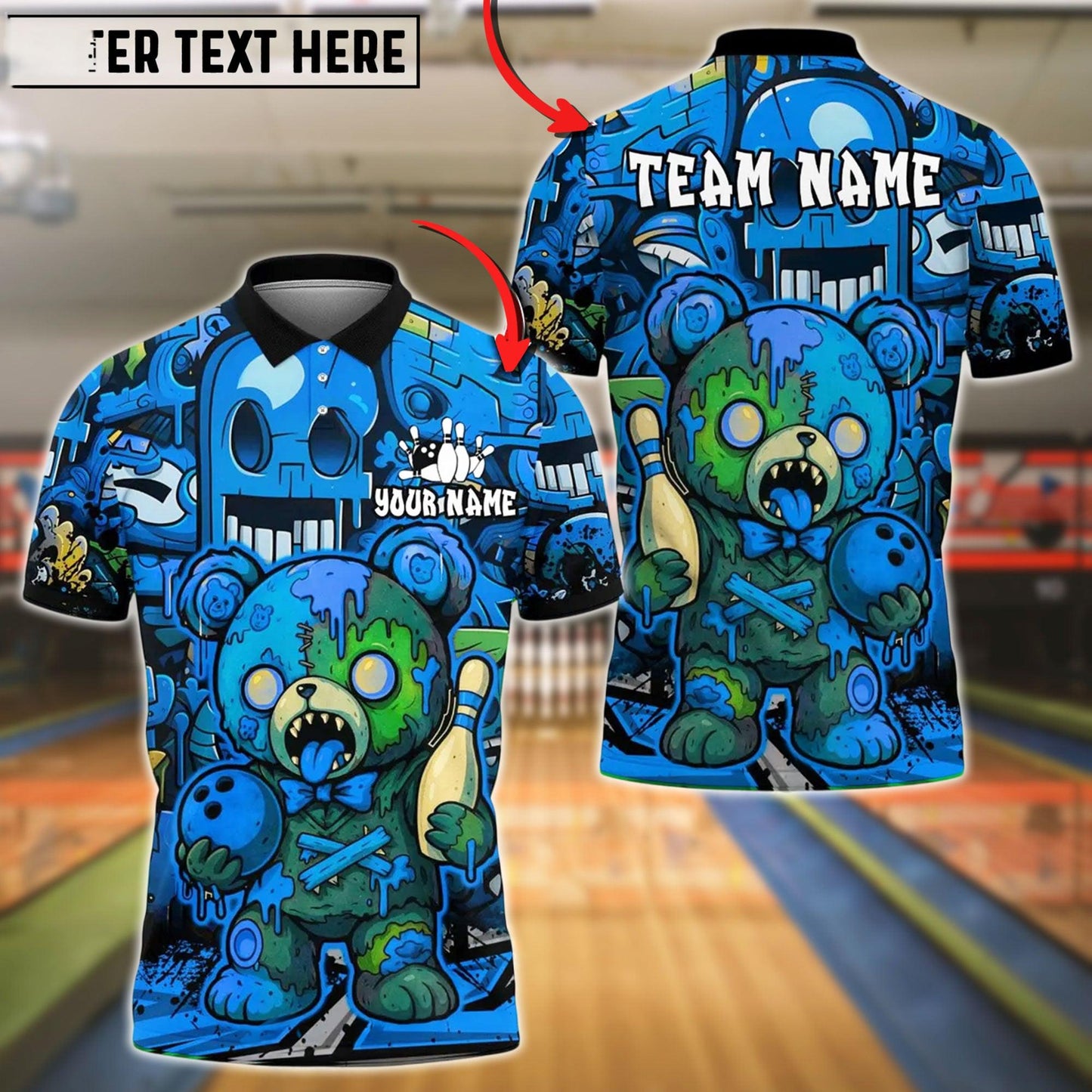 Bowling And Pins Halloween Bear Customized Name, Team Name 3D Shirt