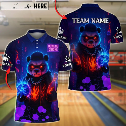 Bowling And Pins Neon Flame Panda Customized Name, Team Name 3D Shirt