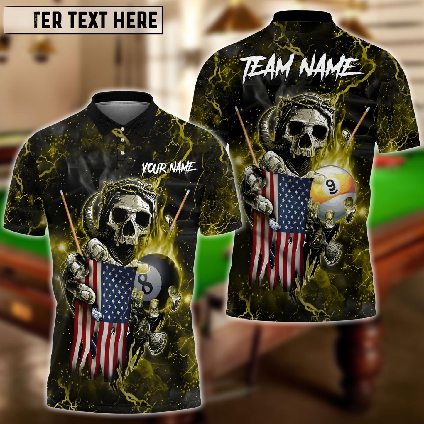 Billiards Ball 8 & 9 Fire Skull US Flag Personalized Name, Team Name Shirt