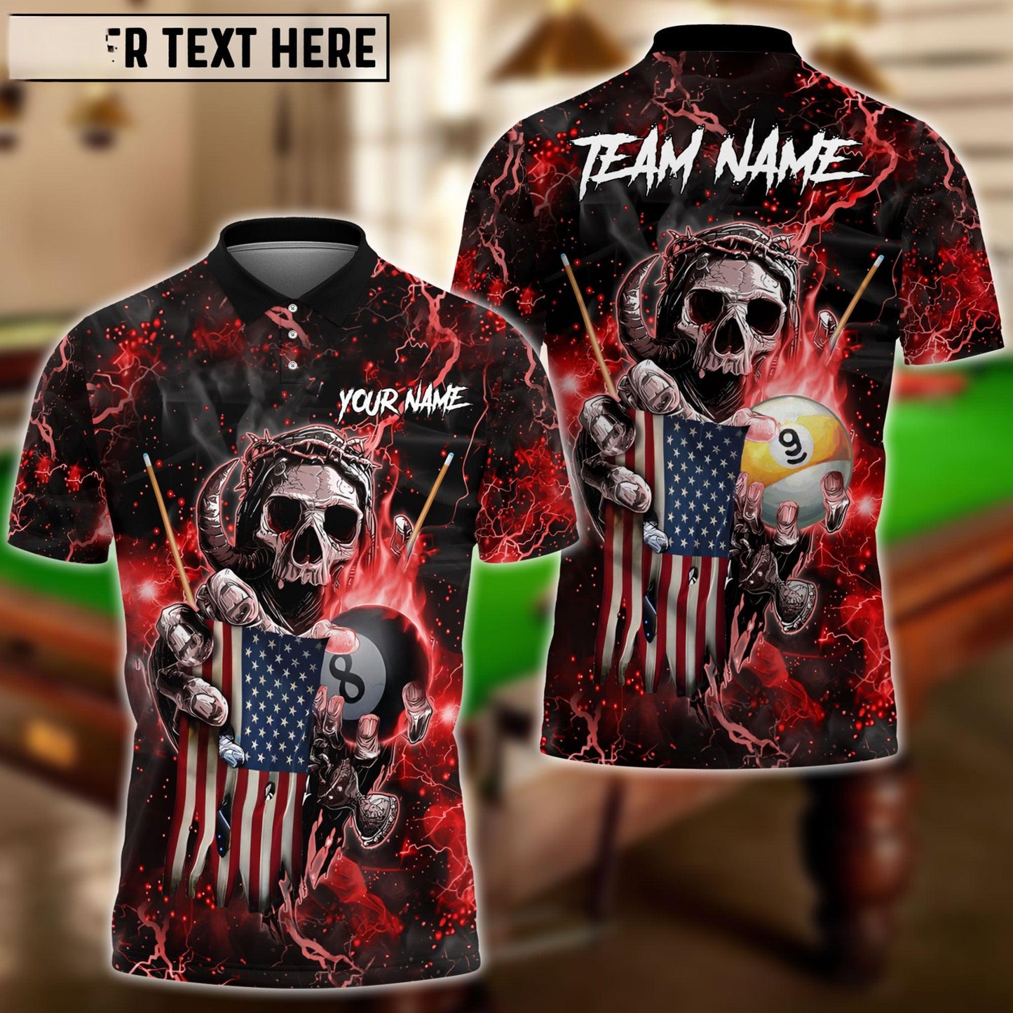 Billiards Ball 8 & 9 Fire Skull US Flag Personalized Name, Team Name Shirt