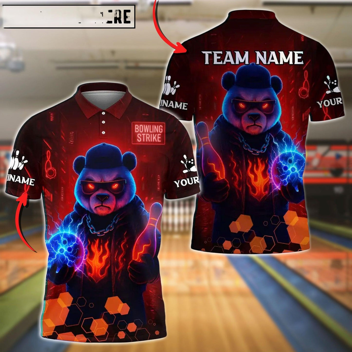 Bowling And Pins Neon Flame Panda Customized Name, Team Name 3D Shirt