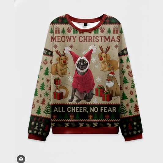🐾 Meowy Christmas All Cheer No Fear Sweater – Hilarious Cat in Santa Hat Holiday Top
