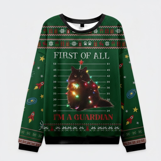🎄 First of All, I’m a Guardian Cat Sweater – Funny Cat Mugshot Ugly Christmas Pullover