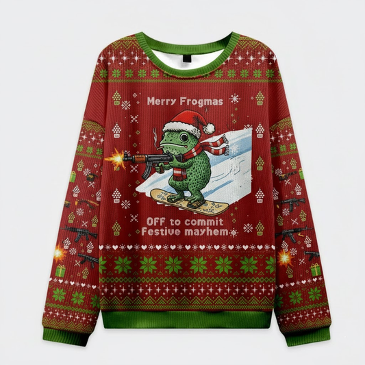 🐸 Merry Frogmas Ugly Christmas Sweater – Funny Frog with Gun Holiday Jumper