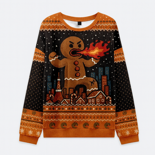 🍪 Fire-Breathing Gingerbread Ugly Christmas Sweater – Hilarious Holiday Jumper