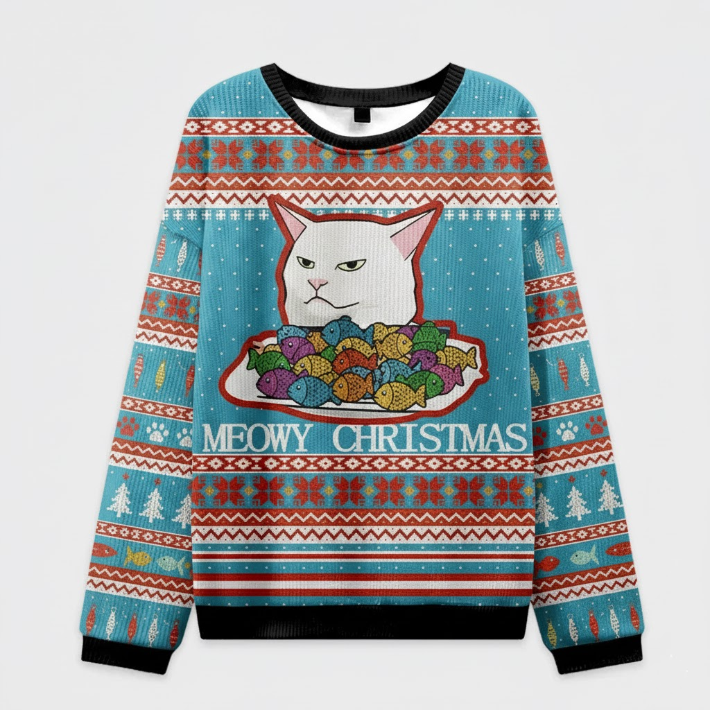 🐟 Meowy Christmas Grumpy Cat Sweater – Funny Cat Lover Ugly Christmas Jumper