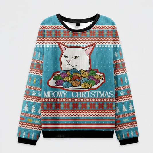 🐟 Meowy Christmas Grumpy Cat Sweater – Funny Cat Lover Ugly Christmas Jumper