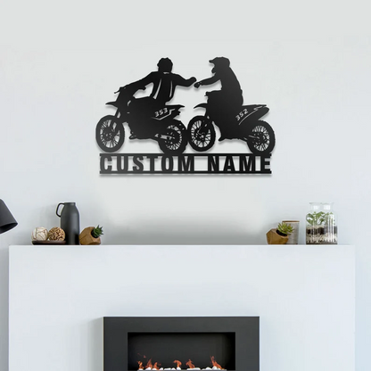 Custom Couple Biker Metal Wall Art -Personalized Dirt Bike Name Sign Decoration, Motorcycle Home Decor Motocross Rider