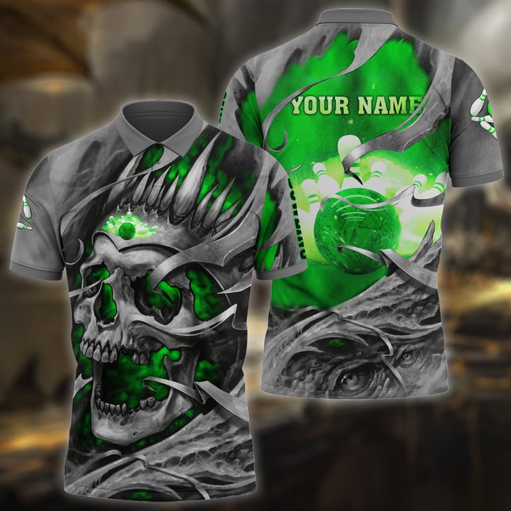 Bowling Skull Pattern Multicolor Customized Name 3D Polo Shirt, Personalized Shirts For Bowling Players