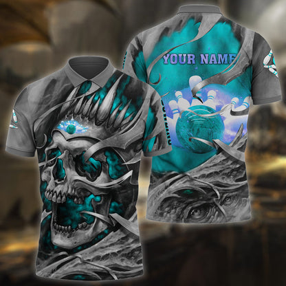 Bowling Skull Pattern Multicolor Customized Name 3D Polo Shirt, Personalized Shirts For Bowling Players