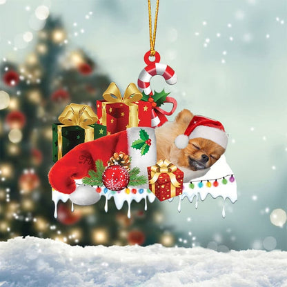POMERANIAN 2 MERRY CHRISTMAS HANGING ORNAMENT