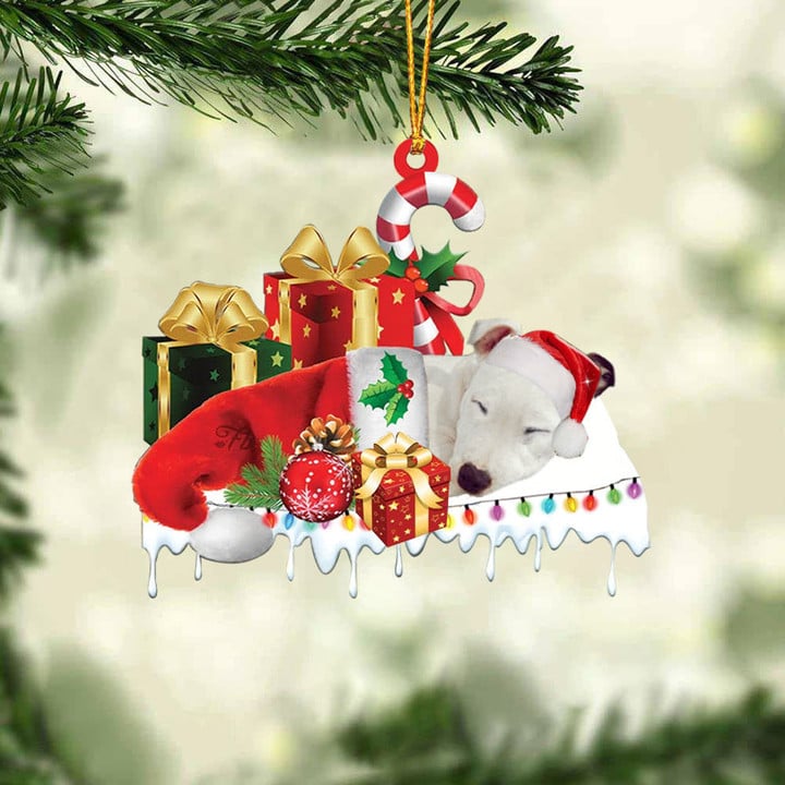 WHITE STAFFIE MERRY CHRISTMAS HANGING ORNAMENT