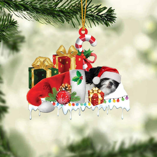 BLACK AND WHITE SHIH TZU MERRY CHRISTMAS HANGING ORNAMENT
