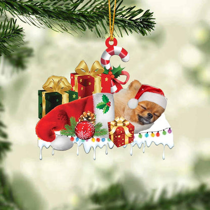 POMERANIAN 2 MERRY CHRISTMAS HANGING ORNAMENT