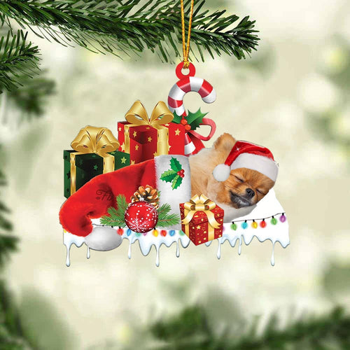 POMERANIAN 2 MERRY CHRISTMAS HANGING ORNAMENT