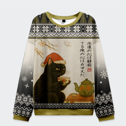 Black Cat Drinking Tea Christmas Ugly Sweatshirt
