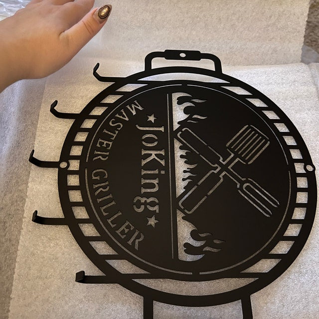 Grill Name Sign with Metal Hooks for hanging Grilling Utensils