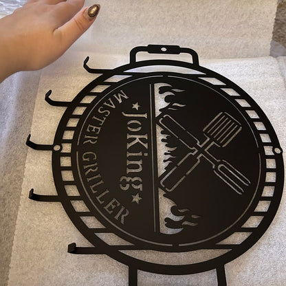 Grill Name Sign with Metal Hooks for hanging Grilling Utensils