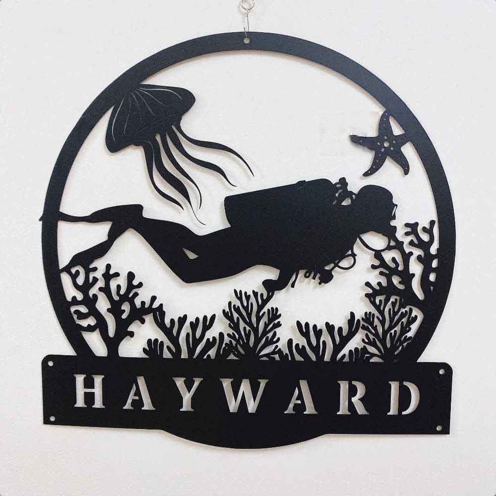 Personalized Diver Name Metal Wall Art, Scuba Beach House Gift