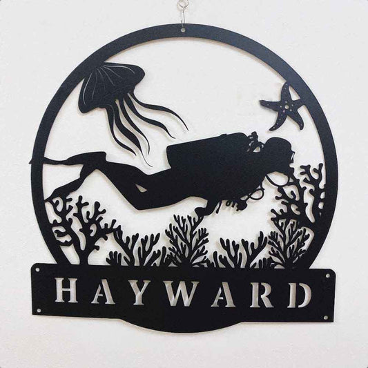 Personalized Diver Name Metal Wall Art, Scuba Beach House Gift