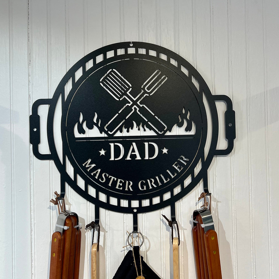 Grill Name Sign with Metal Hooks for hanging Grilling Utensils