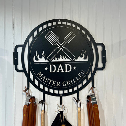 Grill Name Sign with Metal Hooks for hanging Grilling Utensils
