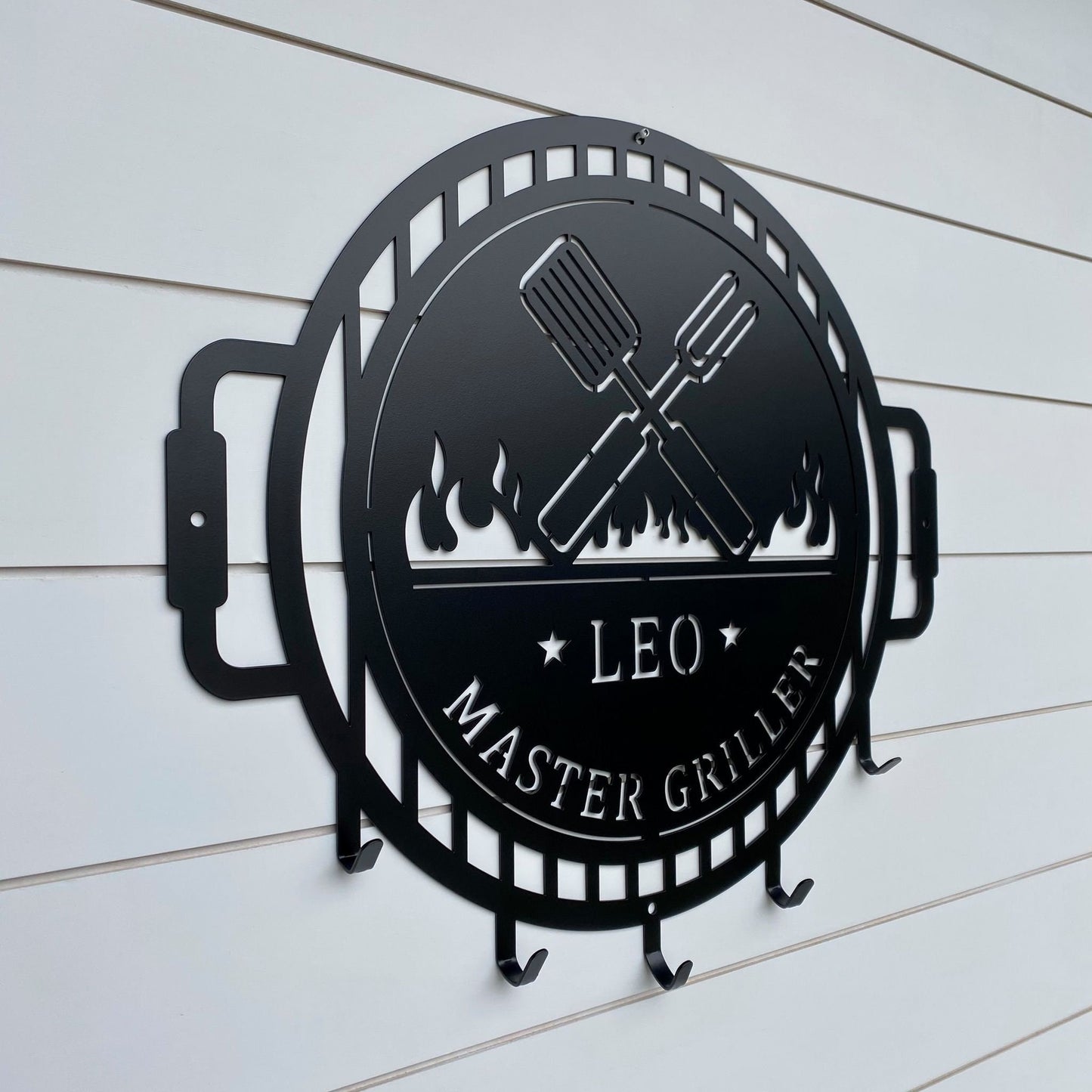 Grill Name Sign with Metal Hooks for hanging Grilling Utensils