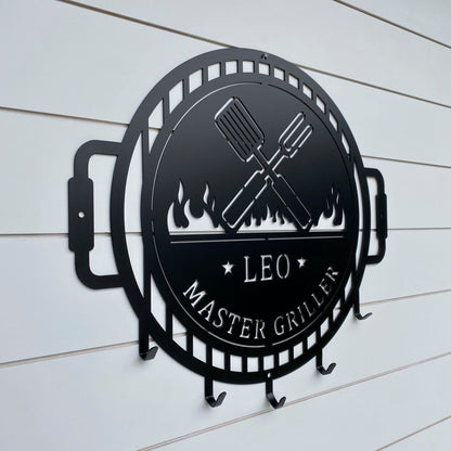 Grill Name Sign with Metal Hooks for hanging Grilling Utensils