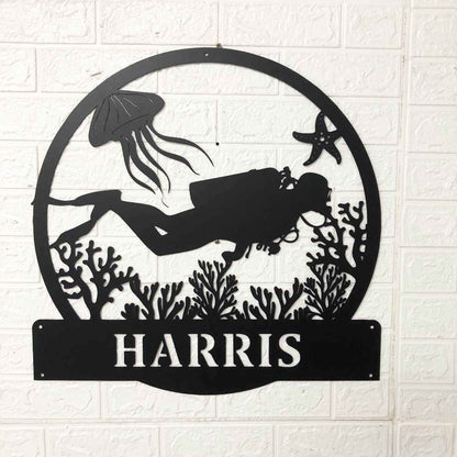 Personalized Diver Name Metal Wall Art, Scuba Beach House Gift