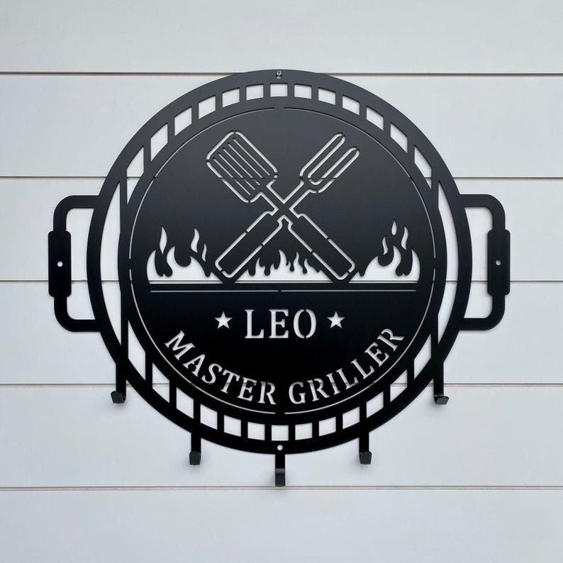 Grill Name Sign with Metal Hooks for hanging Grilling Utensils