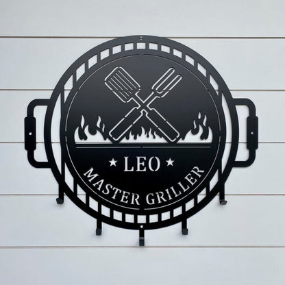 Grill Name Sign with Metal Hooks for hanging Grilling Utensils