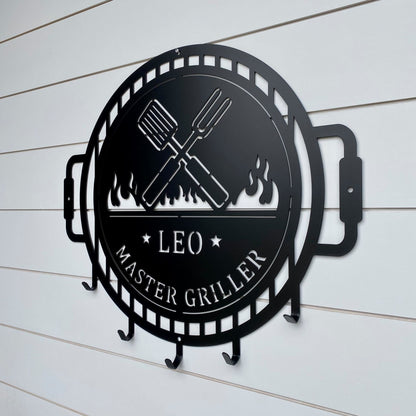 Grill Name Sign with Metal Hooks for hanging Grilling Utensils