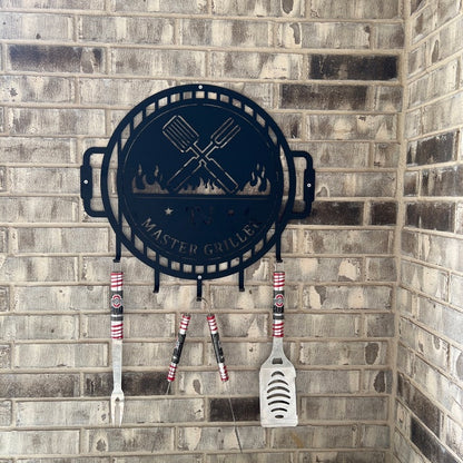 Grill Name Sign with Metal Hooks for hanging Grilling Utensils