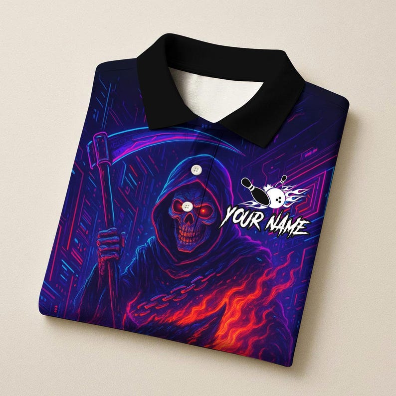Custom Bowling Polo Shirt, Flame Grim Reaper With Fire Wolf Design, Personalized Bowling Polo for Men Women, Personalized Name Team 3D Shirt