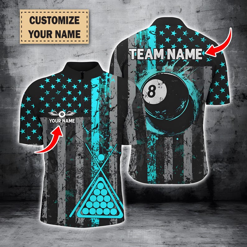 Custom Turquoise Grunge American Flag Billiard Shirt, Retro 8 Ball Pool Jersey, Patriotic Pool Shirt For Men, Pool Billiard Jersey.
